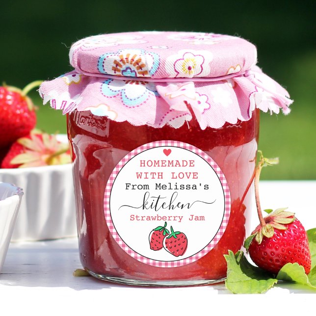 Pegatina Redonda Mermelada Casera de Fresa Cuadros Rosa Rústico   (personalized strawberry jam jar label)