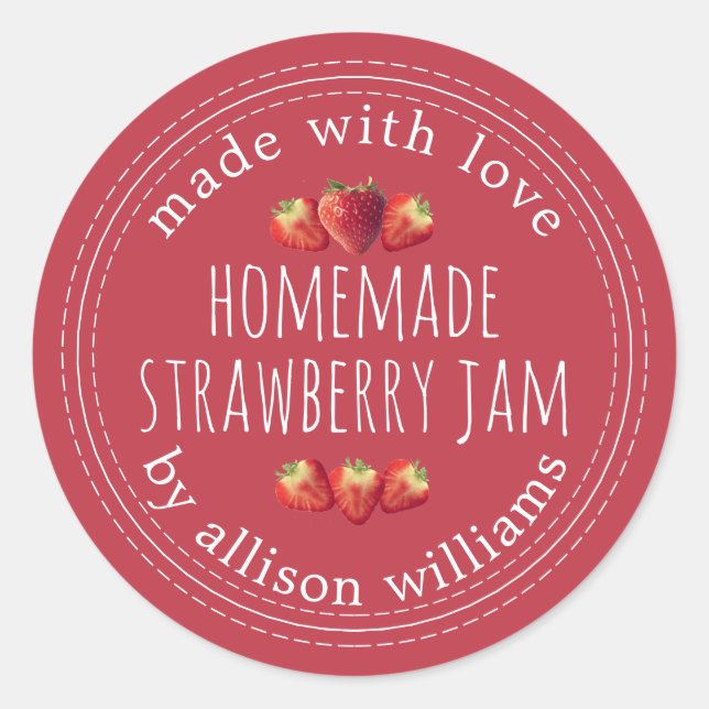 Pegatina Redonda Mermelada Casera De Fresa Roja Verdadera (Anverso)