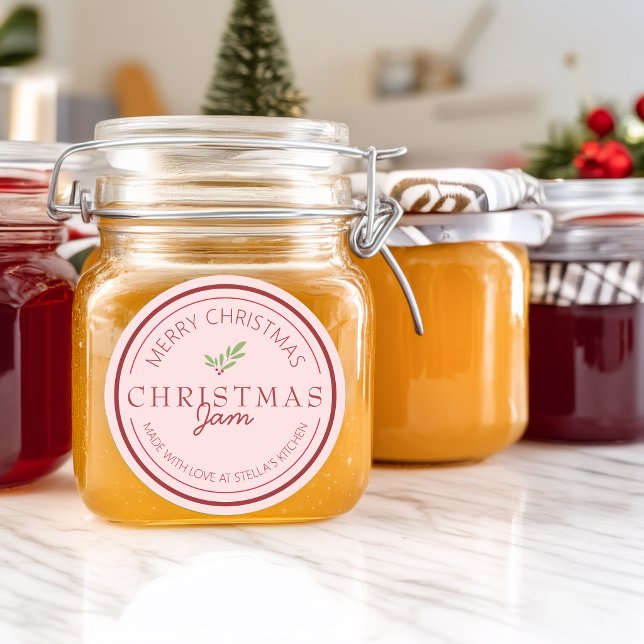 Pegatina Redonda Mermelada casera de Navidad con follaje (Christmas Homemade Jam Greenery Classic Round Sticker)