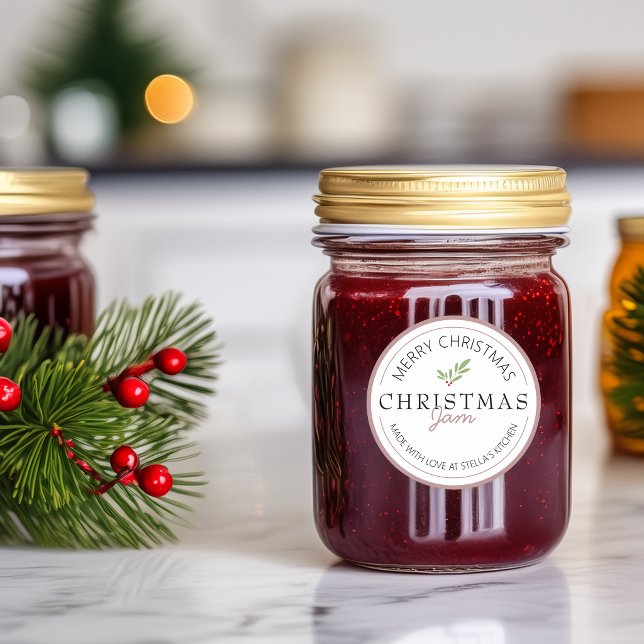 Pegatina Redonda Mermelada casera de Navidad con follaje (Christmas Homemade Jam Greenery Classic Round Sticker)