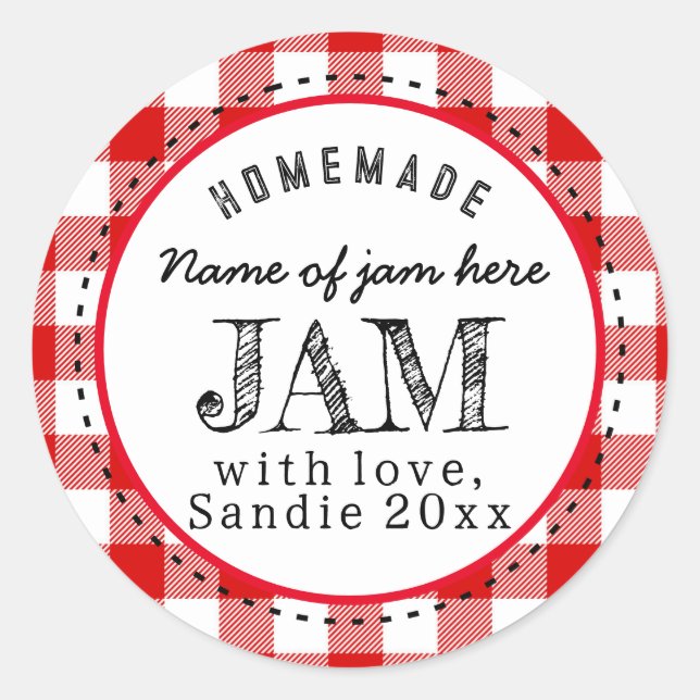 Pegatina Redonda Mermelada Casera Rojo Búfalo Cuadros Comida Redond (Anverso)