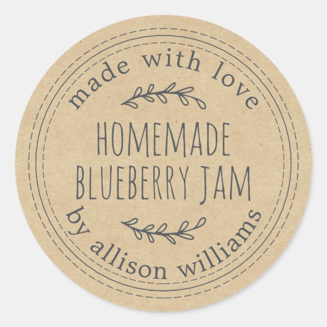 Pegatina Redonda Mermelada Casera Rústica de Arándanos en Papel Kra (Anverso)