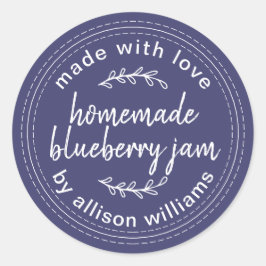 Pegatina Redonda Mermelada Casera Rústica de Arándanos Lata Azul Ma