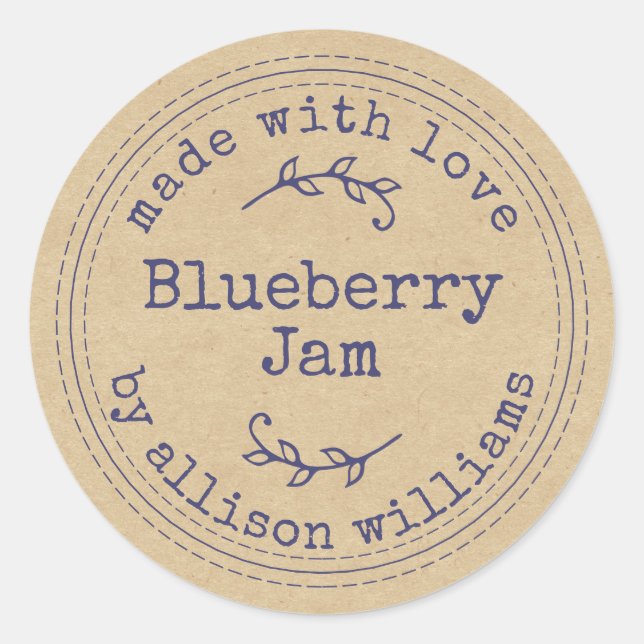 Pegatina Redonda Mermelada Casera Rústica de Arándanos Papel Kraft  (Anverso)