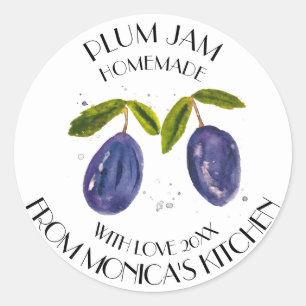 Pegatina Redonda Mermelada de ciruela acuarela Frutas Conservas de 
