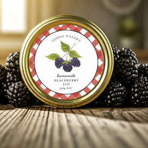 Pegatina Redonda Mermelada de zarzamora al agua Gingham Jar 