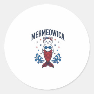 Pegatina Redonda Mermeowica Diseño de Camiseta de Sirena Gato Patri