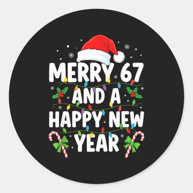 Pegatina Redonda Merry 67 And A Happy New Year Six Seven Christmas  (Anverso)
