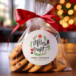 Pegatina Redonda "Merry and Bright" Mano festiva pintada de guirnal