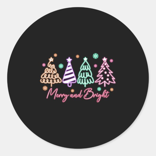 Pegatina Redonda Merry And Bright Tree Neon Christmas  (Anverso)