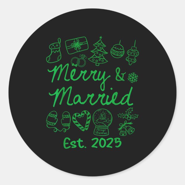 Pegatina Redonda Merry And Married Est 2025 Christmas Couples Match (Anverso)