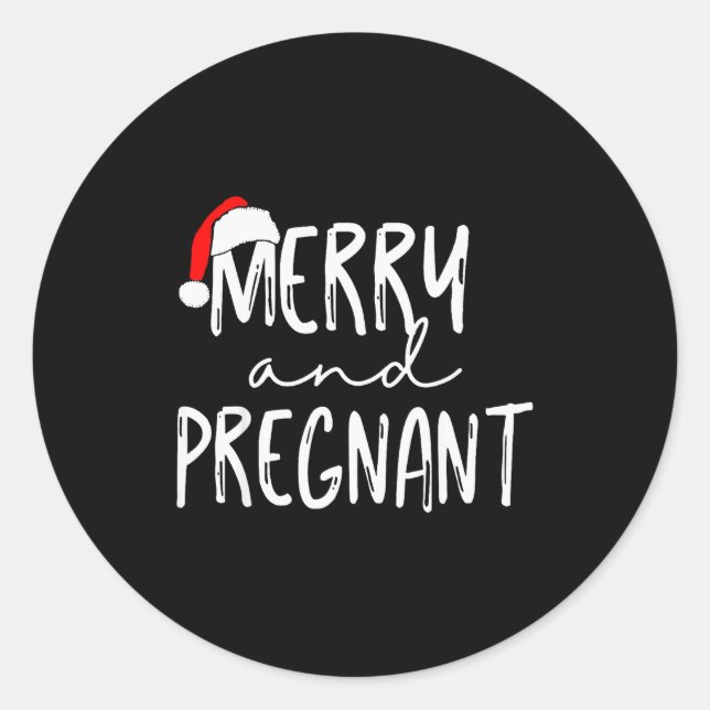 Pegatina Redonda Merry And Pregnant Santa Hat Xmas Pregnancy Announ (Anverso)