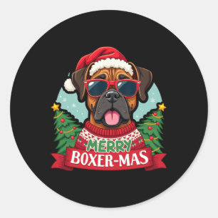 Pegatina Redonda Merry Boxer-mas Cute Boxer Dog Navidades