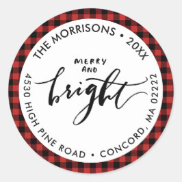 Pegatina Redonda Merry Bright Buffalo Plaid Navidades Tu Dirección