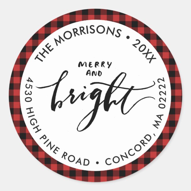 Pegatina Redonda Merry Bright Buffalo Plaid Navidades Tu Dirección (Anverso)