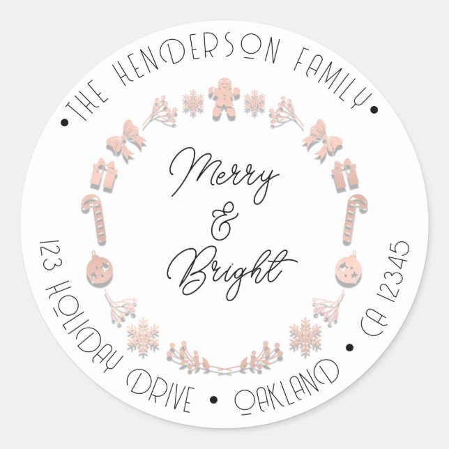 Pegatina Redonda Merry Bright dirección de vacaciones Wreath Deer P (Anverso)
