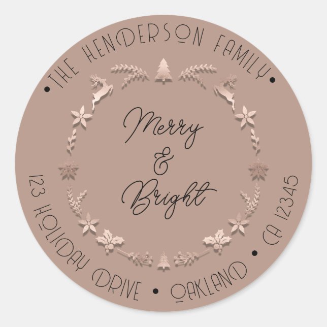 Pegatina Redonda Merry Bright dirección de vacaciones Wreath Deer R (Anverso)