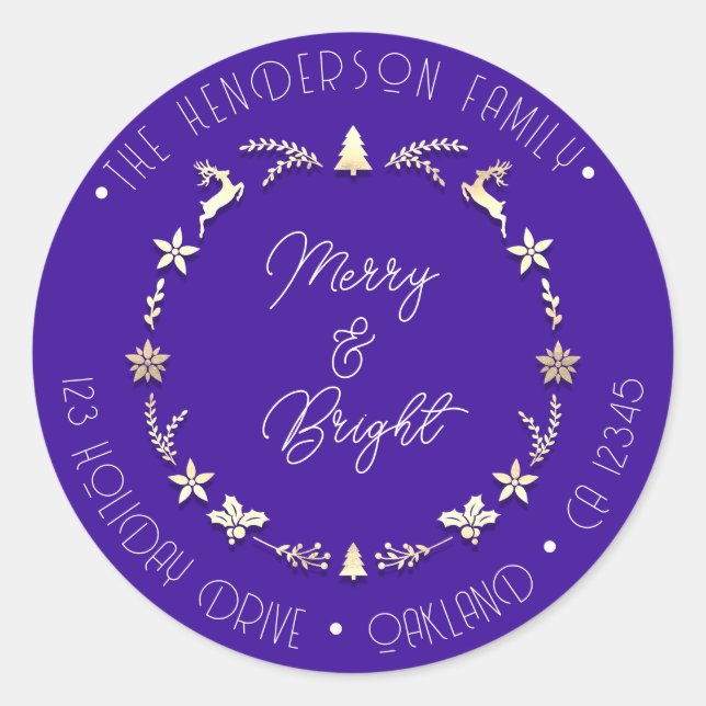 Pegatina Redonda Merry Bright Family Address Deer Gold Wreath Blue (Anverso)