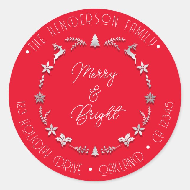 Pegatina Redonda Merry Bright Family Address Deer Gray Wreath Red (Anverso)