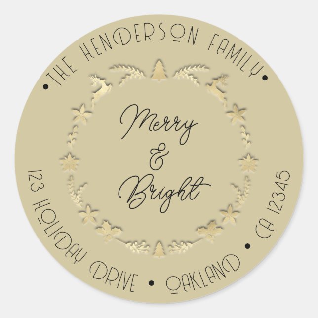 Pegatina Redonda Merry Bright Family Address Deer Star Gold Mustard (Anverso)