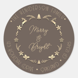 Pegatina Redonda Merry Bright Family Address Deer Stars Gold Brown