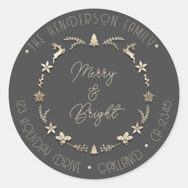 Pegatina Redonda Merry Bright Family Address Deer Stars Gold Gray (Anverso)