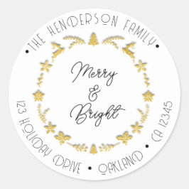 Pegatina Redonda Merry Bright Family Address Deer Stars Gold White