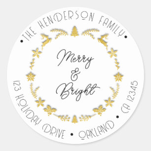 Pegatina Redonda Merry Bright Family Address Deer Stars Gold White