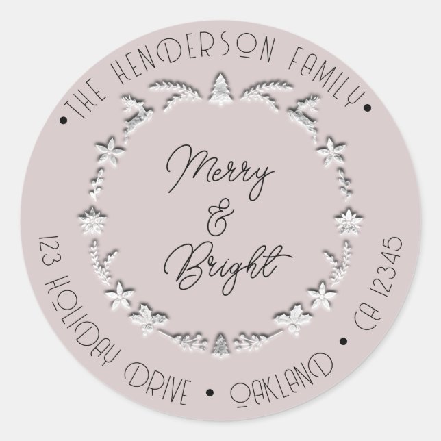 Pegatina Redonda Merry Bright Family Address Deer Stars Silver Rosa (Anverso)