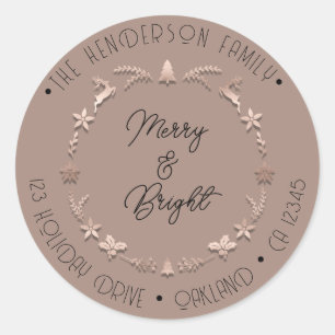 Pegatina Redonda Merry Bright Family Address Wreath Deer Rosa