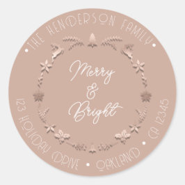 Pegatina Redonda Merry Bright Family Address Wreath Deer Rosa Pink