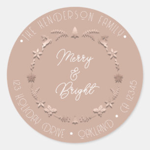 Pegatina Redonda Merry Bright Family Address Wreath Deer Rosa Pink