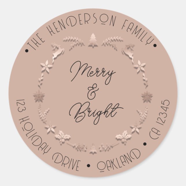 Pegatina Redonda Merry Bright Holiday Address Wreath Deer Rosa (Anverso)