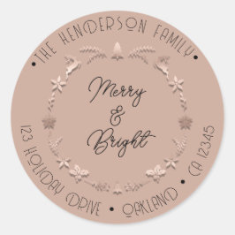 Pegatina Redonda Merry Bright Holiday Address Wreath Deer Rosa