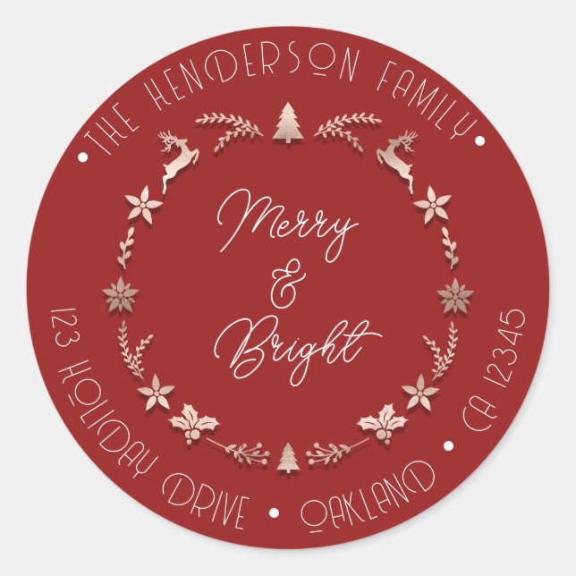 Pegatina Redonda Merry Bright Holiday Address Wreath Deer Rosa Red (Anverso)