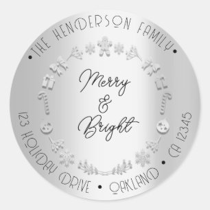 Pegatina Redonda Merry Bright Holiday Address Wreath Silver Gray