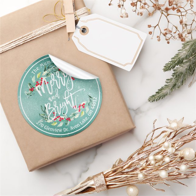 Pegatina Redonda Merry Bright Merry Christmas Holly Floral Direcció (Subido por el creador)