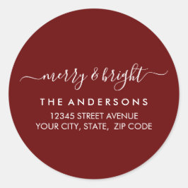 Pegatina Redonda Merry Bright Navidades Dirección de retorno rojo d