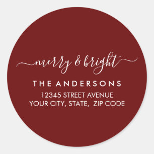 Pegatina Redonda Merry Bright Navidades Dirección de retorno rojo d