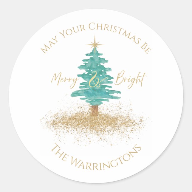 Pegatina Redonda "Merry & Bright" Watercolor Tree Custom Name (Anverso)