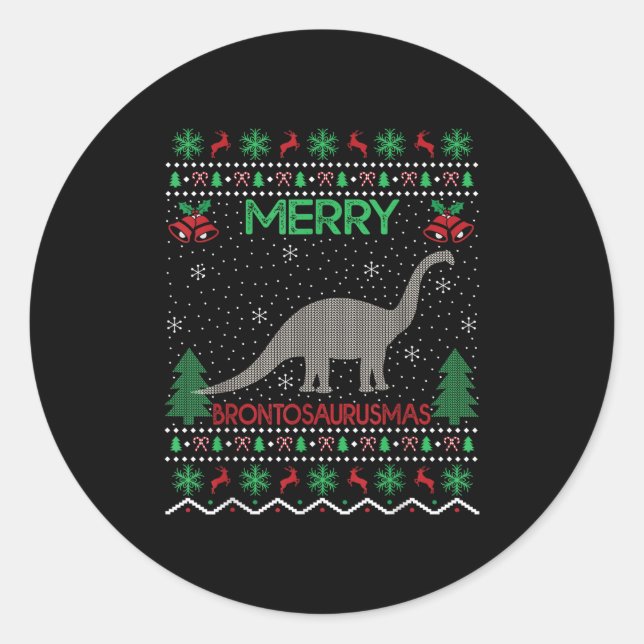 Pegatina Redonda Merry Brontosaurus Xmas Gift Ugly Brontosaurus Chr (Anverso)