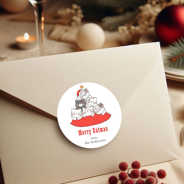Pegatina Redonda Merry Catmas Cute Cats Holiday Personalized  (Subido por el creador)