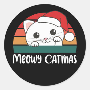 Pegatina Redonda Merry Catmas Funny Cat Navidades Pun Classic Round