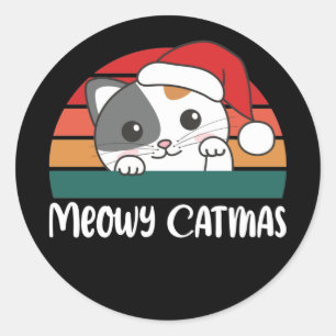 Pegatina Redonda Merry Catmas Funny Cat Navidades Pun Classic Round