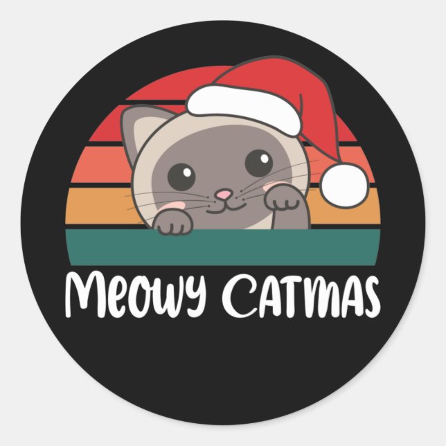 Pegatina Redonda Merry Catmas Funny Cat Navidades Pun Classic Round (Anverso)