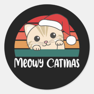 Pegatina Redonda Merry Catmas Funny Cat Navidades Pun Classic Round