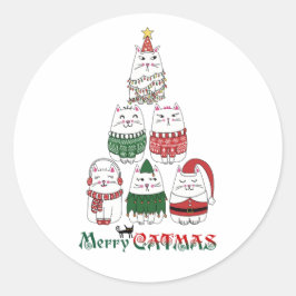 Pegatina Redonda Merry Catmas Funny Navidades Kitten