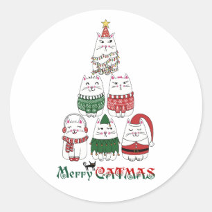 Pegatina Redonda Merry Catmas Funny Navidades Kitten