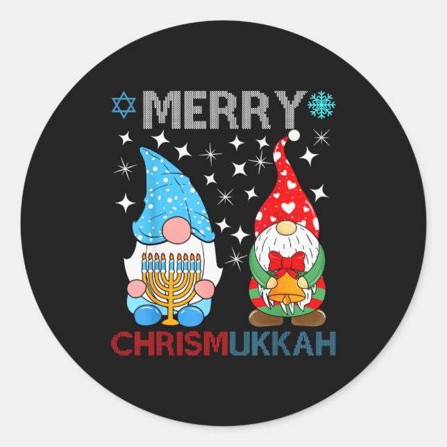 Pegatina Redonda Merry Chrismukkah Funny Gnomes Christmas And Hanuk (Anverso)