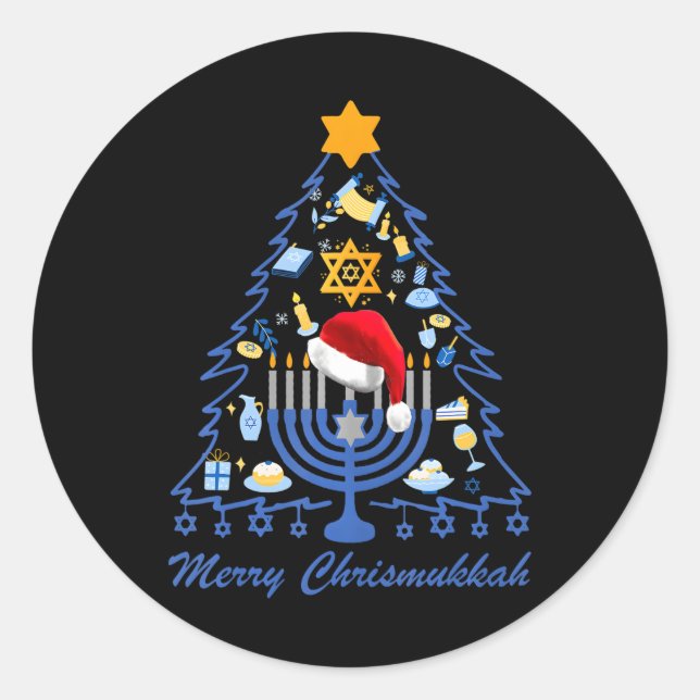 Pegatina Redonda Merry Chrismukkah Hanukkah Jewish Hanukkah Tree (Anverso)